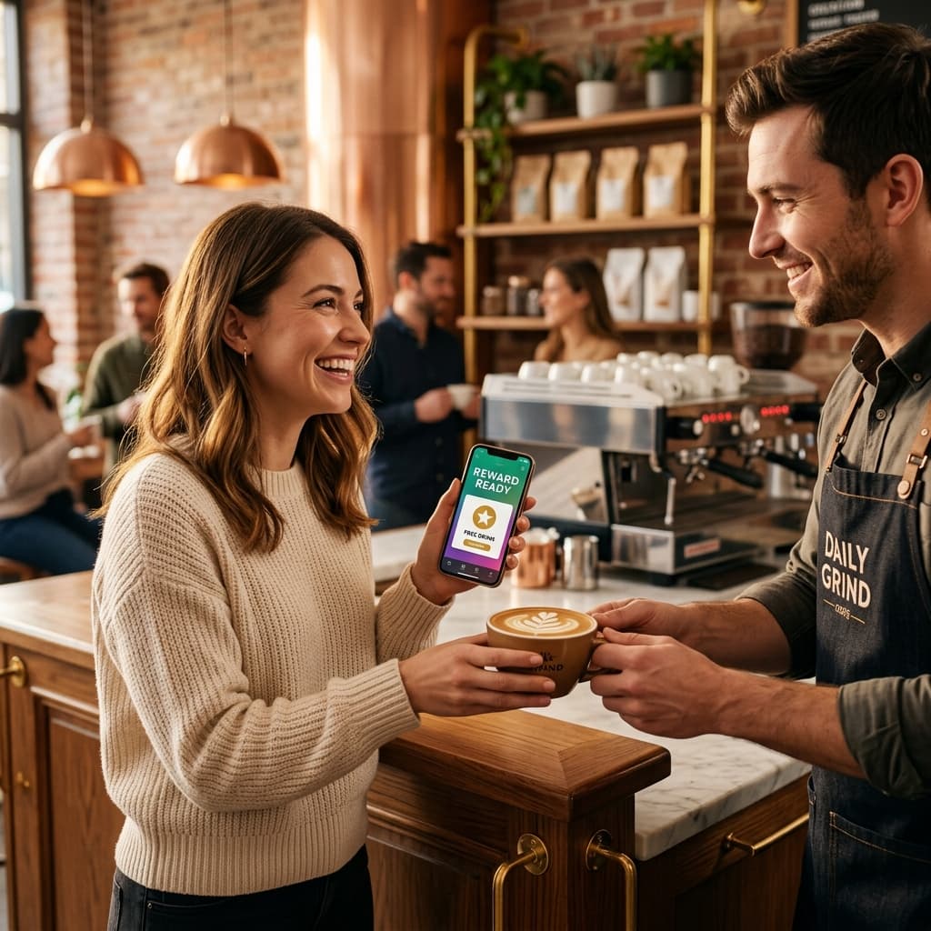 A happy customer receiving her free reward coffee while showing her digital loyalty card on her phone