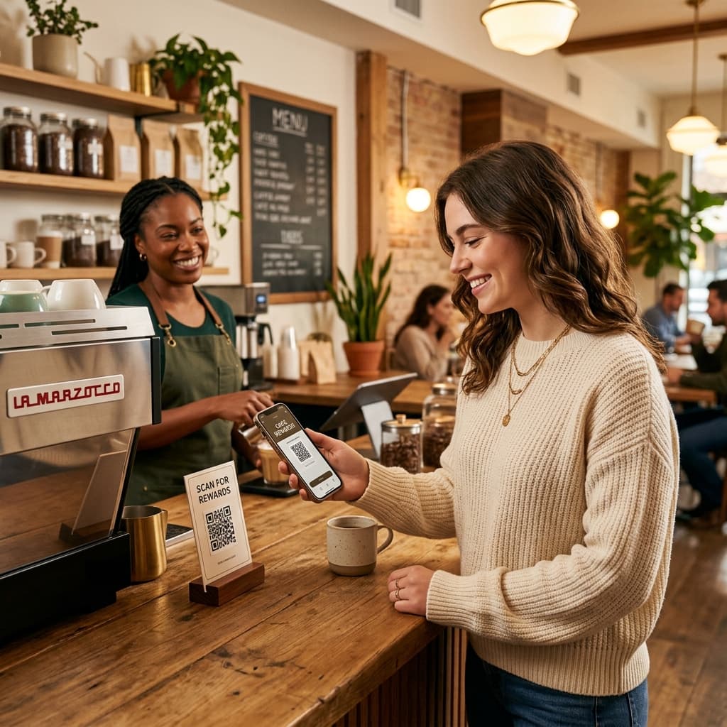 A customer scanning a LoyalNeo rewards QR code on the counter with her phone while the barista gives a thumbs up
